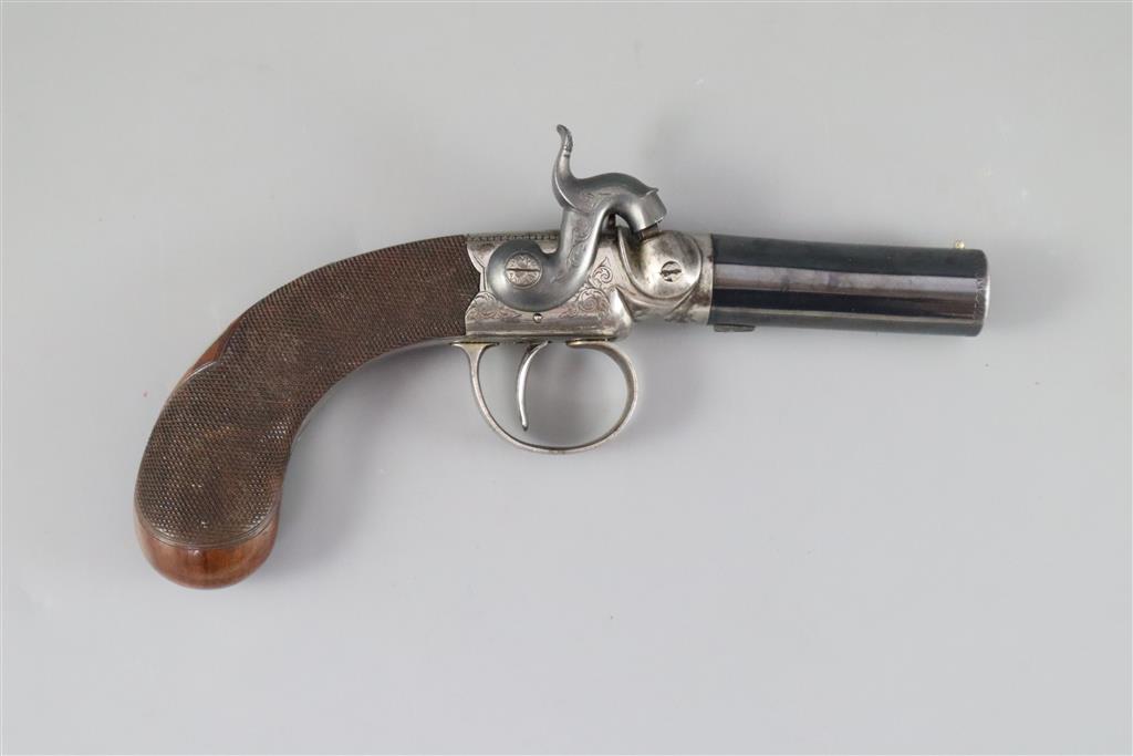 An early 19th century twin barrel flintlock pocket pistol, by Jn. & Geo. Jones of London, length 7.5in